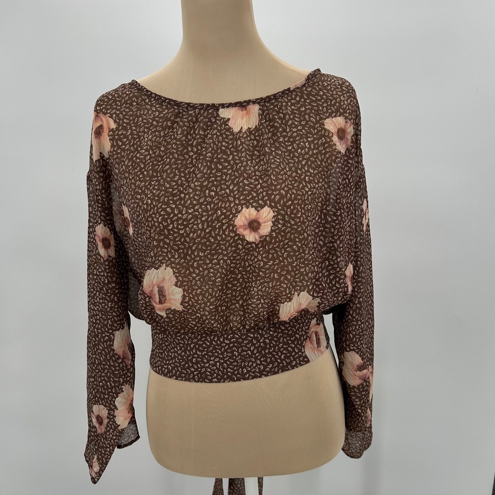 HM Brown Floral Sheer Open Back Tie Waist Blouse Top Womens Size 6 07355309